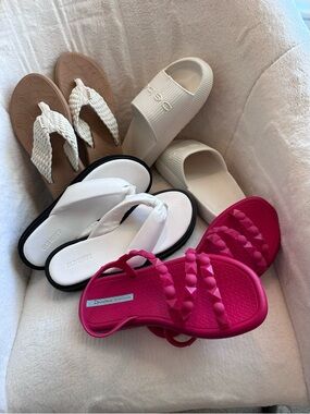White Slide and Hot Pink Strappy Sandals - Women's Casual Set